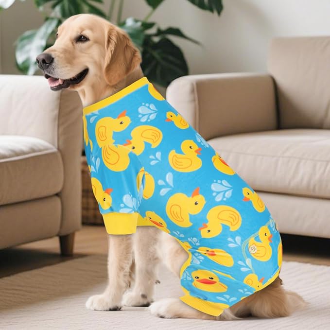 KYEESE Velvet Dog Pajamas for Large Dogs Soft Onesie Shirt, Rubber Duck | 4-Way Stretch, Lightweight & Breathable, Reduces Shedding, Gentle on Sensitive Skin, Recovery Support, Easy Potty Breaks