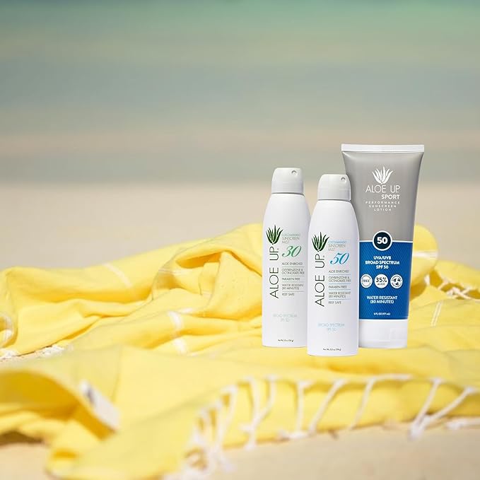 Aloe Up White Collection Sunscreen Spray SPF 50, White Collection Sunscreen Spray SPF 30, and Sport Sunscreen Lotion SPF 50 - Bundle with Face and Body Sunscreen Protector - Reef Friendly - 3 Items