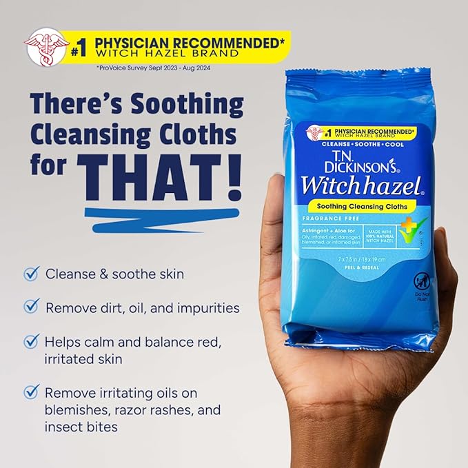 T.N. Dickinson's Witch Hazel Soothing MultiUse Cleansing Cloth, 4 Pack, 25 Cloths Per Pack,white