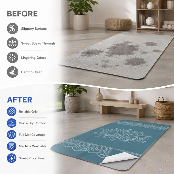 Yoga Mat Towel, Hot Yoga Non Slip with 4 Corner Pockets, 74 x 26 in | Soft Absorbent Microfiber With Four Corner Pockets, Fits Over Yoga Mats For Hot Yoga, Pilates, Gym, And Travel