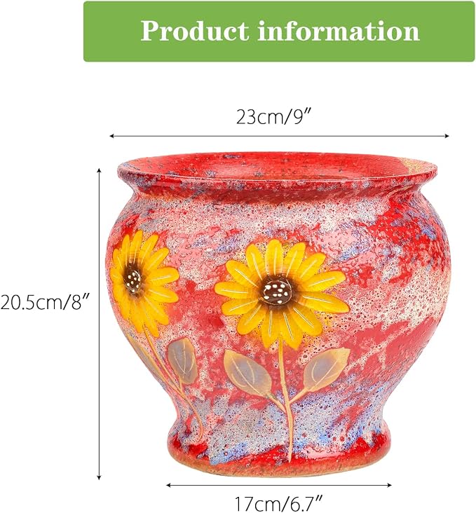 Sungmor 9 Inch Hand Painted Ceramic Succulent Plant Pots - Red & Daisy | Vintage Decorative Pottery Planters for Indoor Outdoor Plants, Table Centerpieces & Flower Arrangement Home Decor