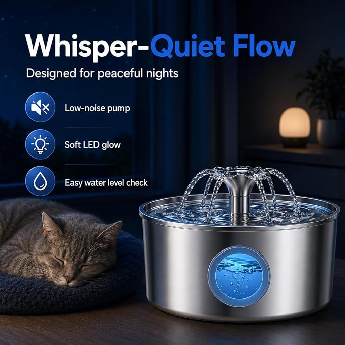 Cat Water Fountain, 3.2L 108Oz Stainless Steel Pet Fountain, 12 Filters | Stainless steel cat fountain, dishwasher safe with triple filtration, quiet pump and visible water window for cats and dogs.