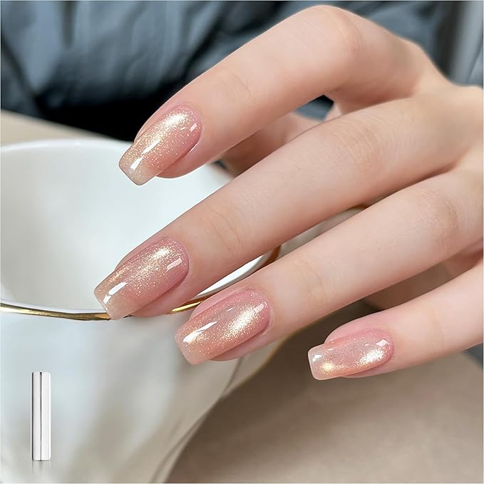 GAOY Jelly Pink Cat Eye Gel Nail Polish, 16ml Glitter Holographic Nail Polish with Magnet, Reflective Translucent UV Gel, 2960 Soft Rose