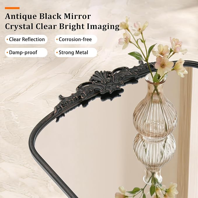 Besdomus Antique Black Wall Mirror: 32"x24" French Ornate Decorative Mirror | Vintage Baroque Ornate Arched Metal Framed for Mantel/Hallway/Bathroom Vanity/Dresser - Ideal Gifts for Housewarming/Birthday