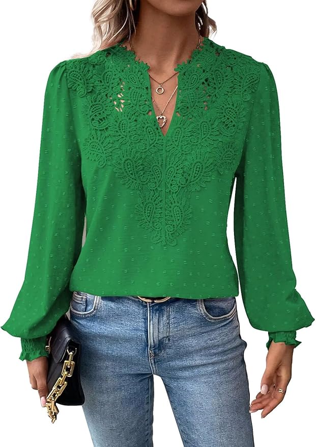 Womens Tops Swiss Dot Boho Long Sleeve Shirts V Neck Casual Chiffon Blouses Flowy Lace Hem Cute Clothing Trendy 2026