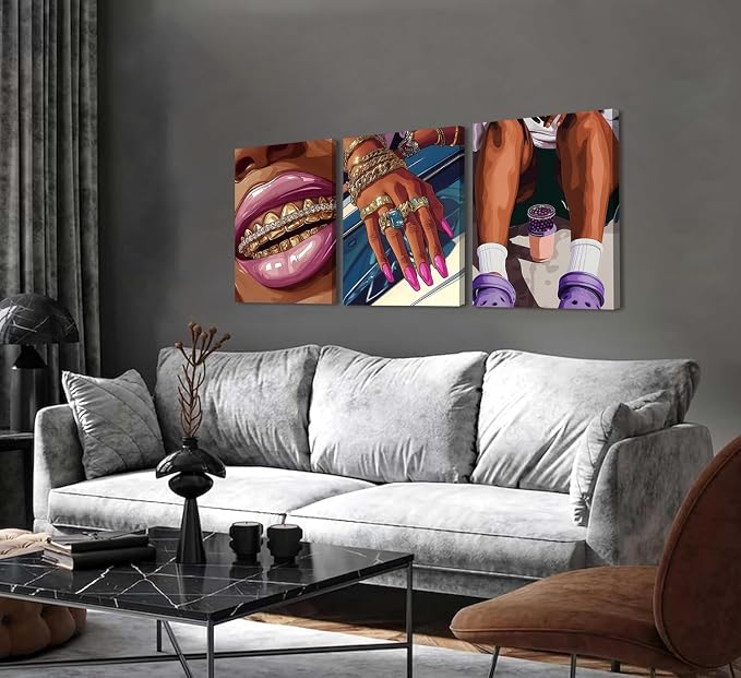 Framed Black Girl Wall Art Set of 3, Trendy Hip Hop Black Woman Wall Decor Paintings, Fashion African American Pictures Canvas Prints for Home Living Room Girly Bedroom 12x16 inch