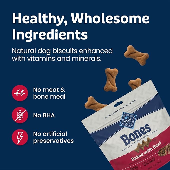 Blue Buffalo Bones Beef Mini Dog Biscuits, 12 oz, 4 ct | Real Beef First, Classic Bone-Shaped Biscuit, No BHA, Meat & Bone Meal, or Artificial Preservatives,