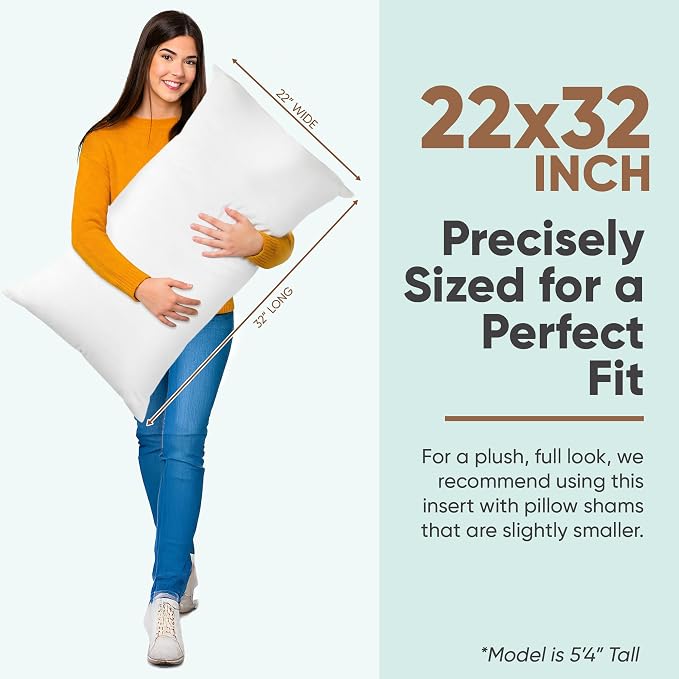 Pillowflex Synthetic Down Pillow Insert 22x32 in - Karate Chop Pillow | Oversized Queen Sham Form, Plush Polyester Cotton Blend, Cloud-Like Comfort, Clump-Resistant Fill, Smooth Elegant Finish
