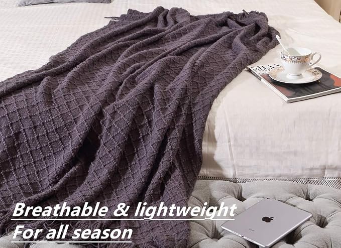 CREVENT Knitted Decorative Throw Blanket for Couch Sofa Chair Bed, Soft Breathable Lightweight for Spring Summer (50''X60'' Dark Grey/Black)