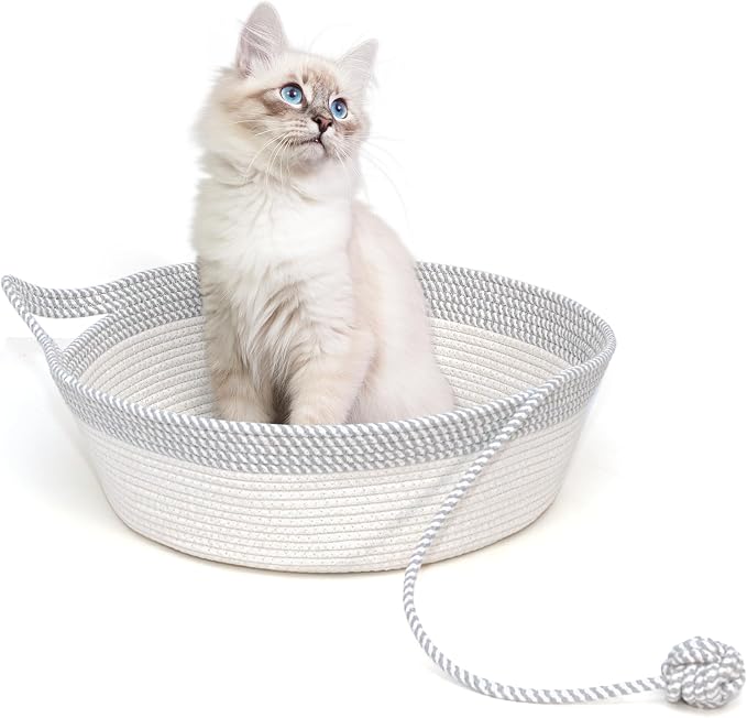 Cat Bed, Cotton Rope Instinct Basket for Cats, Handwoven Cat Beds | Stimuli Handwoven Basket for Cat, Pet Sleeping Bed with Rope Ball, Puppies, Rabbits and Small Pets(Large, Gray & White)