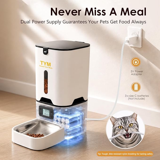 Automatic Cat Feeder 7L, 9 Meals/Day Food Dispenser for Cats Small Dog Pet | Large Capacity | NO APP | Programmable Timer | Weight / Diet Control | Stainless Steel Bowl | Fresh Food | Dual Power Supply