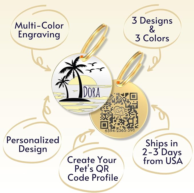 PawFurEver QR Code Dog Tag - Custom Dog Tags/Pet ID Tags for Dogs, Engraved Dog Tag & Pet Tag, Stainless Steel Dog Tags Personalized for Pets (Beach, Gold)