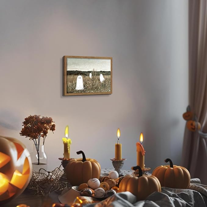 Framed Vintage Halloween Wall Art, Cute Ghost Meadow Painting, Rustic Landscape Canvas Halloween Wall Decor, Aesthetic Spooky Ghost Wall Art for Living Room Bedroom Bathroom 12x16 inch