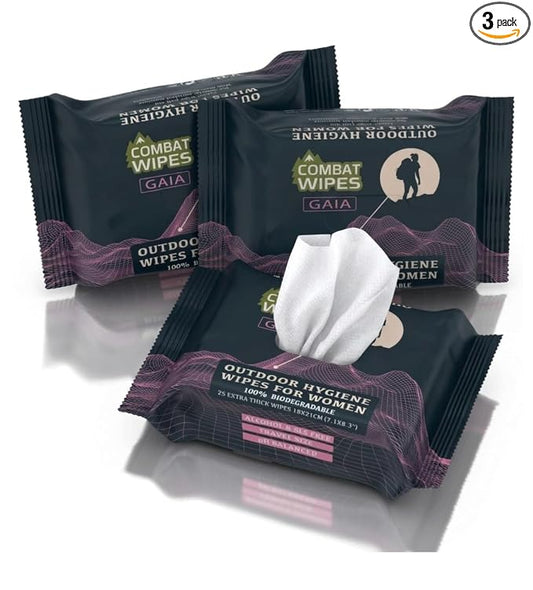 Combat Wipes Gaia - Feminine Hygiene Outdoor Wet Wipes - Extra Thick, Ultralight, Biodegradable, pH Balanced Cloths for Women (75 Count (3 Packs))