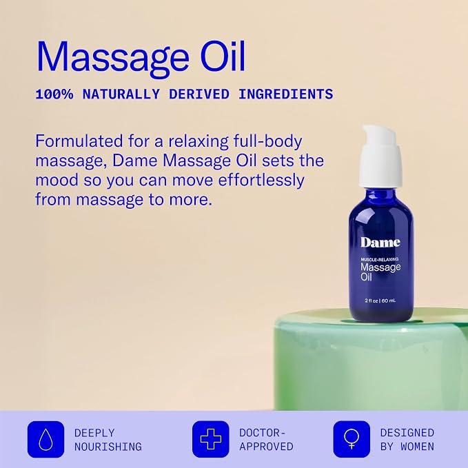 Dame Products Muscle-Relaxing Massage Oil for Women & Men, Sandalwood & Cardamom Body Oil with Jojoba for Massage Therapy, Plant-Based, Non-Greasy, Relaxing Full-Body Massage Oil, 2 fl oz (2 Pack)