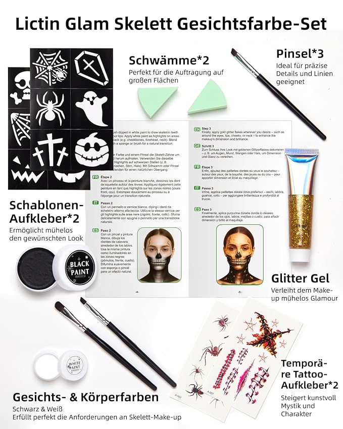 Lictin Black and White Face Body Paint with Gold Glitter Gel, Zombie Skeleton Makeup Face Paint, Professional Make Up Kit for Halloween, Costume, Cosplay, Carnivals for Adults & Kids