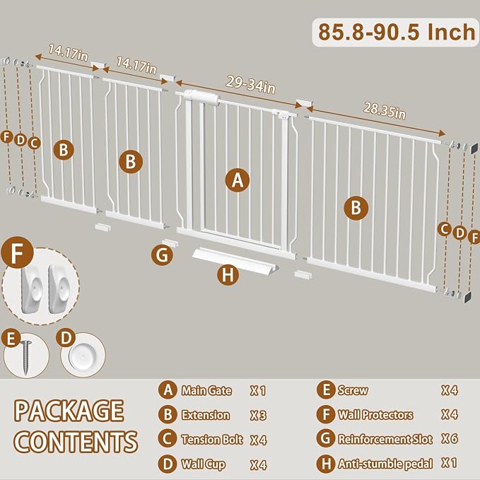Baby Gate for Doorways Stairs Hallway 85.8-90.5 Inch Wide, Walk Through Child Gates with Pressure Mounted Extention Kit, Indoor Safety Child Gates for Kids or Pets