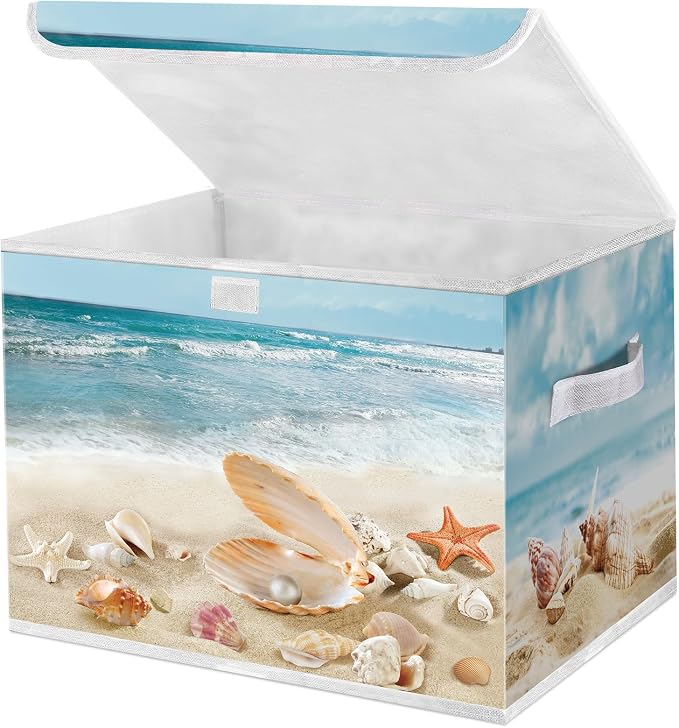 Briwooody Summer Beach Storage Bin with Lid and Carrying Handle Coastal Foldable Storage Box Large Ocean Seashell Decorative Collapsible Container Basket for Organizing Closet Home Bedroom Gift