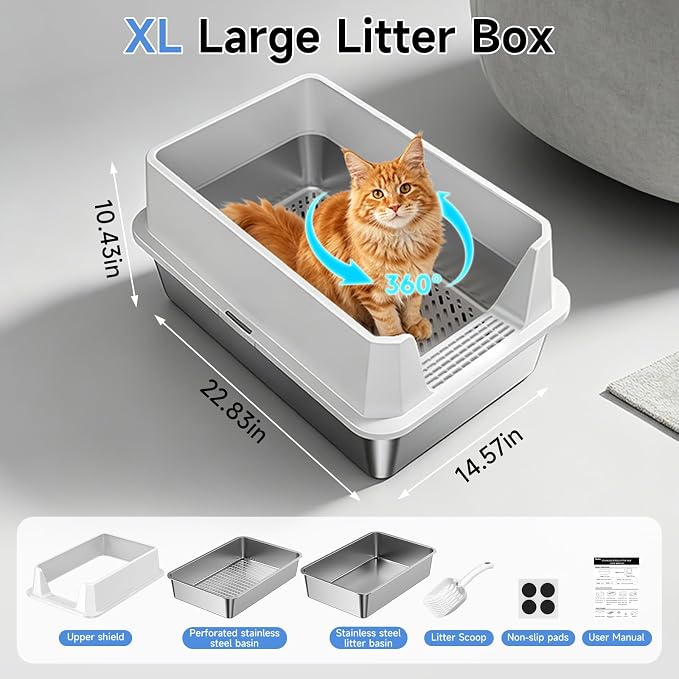 Stainless Steel Sifting Cat Litter Box for Pine Pellets, Light Gray | Sifting Design, Double Layer Mesh System, With High Sides, Non-Stick Surface, Easy Clean, for Large Cats