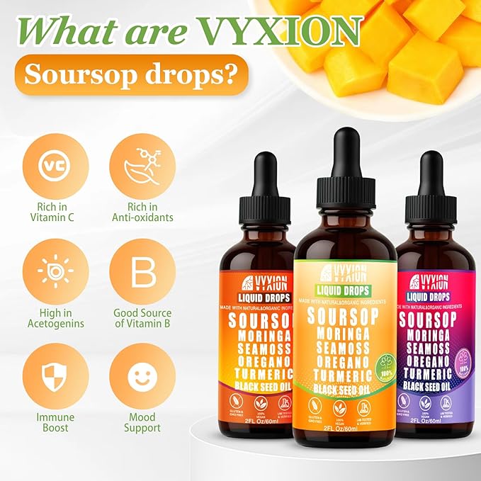 Soursop Bitters Liquid Drops 10 in 1 with Sea Moss, Moringa, Turmeric, Black Seed Oil, Oregano, Ashwagandha | Herbal Extracts for Overall Health-Enhancing | Vegan, Non-GMO | 2 Fl Oz(Mango flavor)