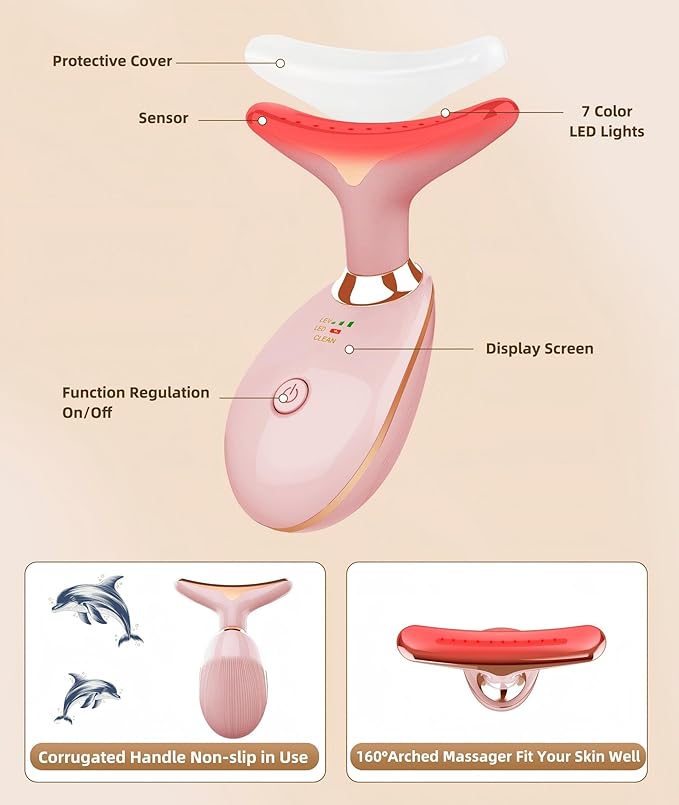 ELISHINE 7 Color Face and Neck Massager Light Therapy, Red Light Based Facial Massager for Skin Care, Firming, Smoothing (Rose Golden)