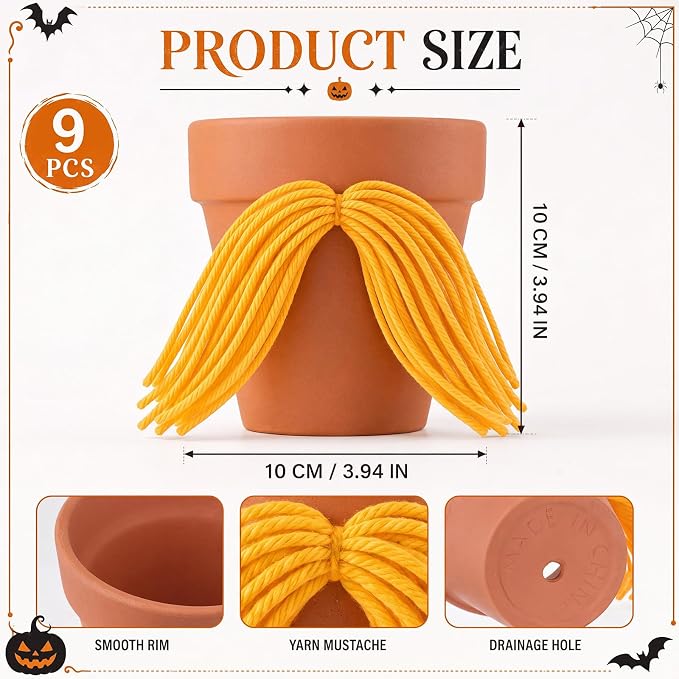 Realinaive 9 Pcs Yellow Mustache 4 Inch Terracotta Flower Pots Table Decor | Cute Yellow Mustache Decor, Desktop Flower Pots, for Halloween Party Supplies Funny Party Favor