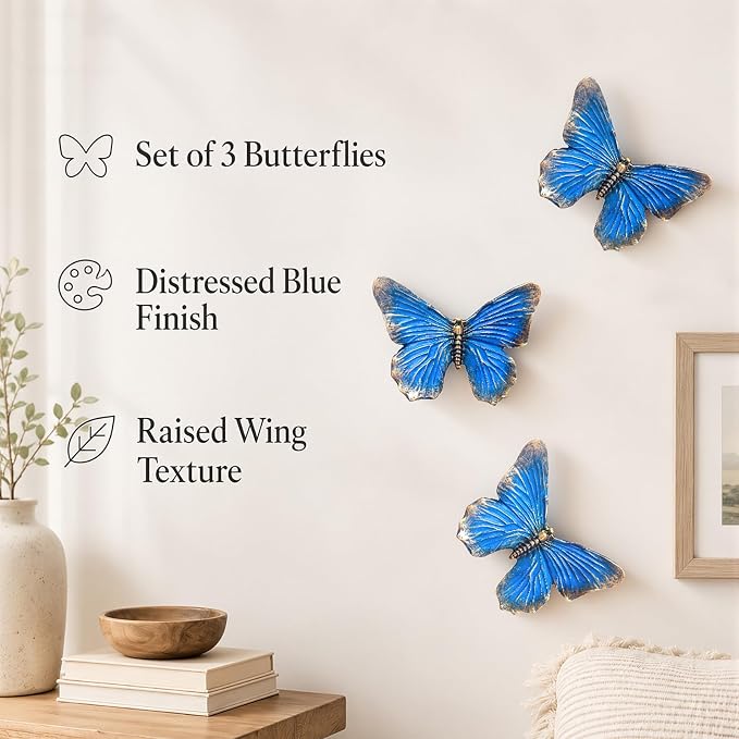 GUSFREUD 3D Butterfly Wall Decor Set – Resin Wall Decor for Living Room, Bedroom, Bathroom, Dining Room, Outdoor and Gallery Walls - Antique Blue - Set of 3