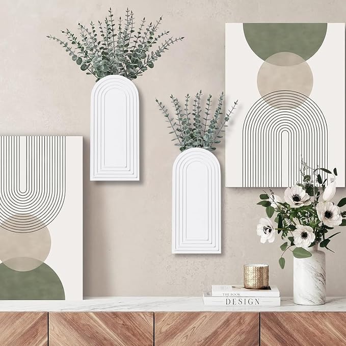 Dnnnii 2 Pack Wooden Wall Vase Set - White Finish Modern Farmhouse & Boho Wall Decor for Entryway, Hallway, Bathroom, Living Room, Dining Room, Narrow Spaces