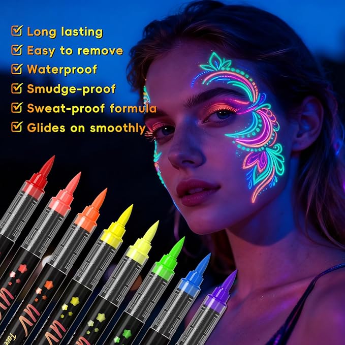 Glow in the Dark Body Paint,Halloween Makeup Kit,Neon Face Painting Markers Pen for Skin Glow Under Black Light, Washable UV Temporary Tattoo Pens for Glow Party Supplies (8 color)