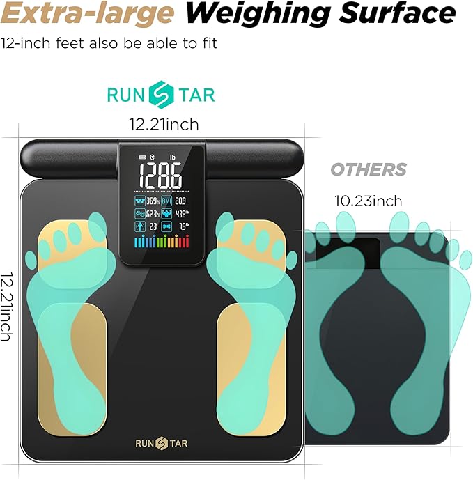 RunStar 8-Electrode Scale for Body Weight, Accurate Body Composition Scale with BMI Body Fat Muscle Mass over 50 Metrics, Rechargeable Body Analyzer with Large Colorful Screen Handle, 400lb, BlackGold