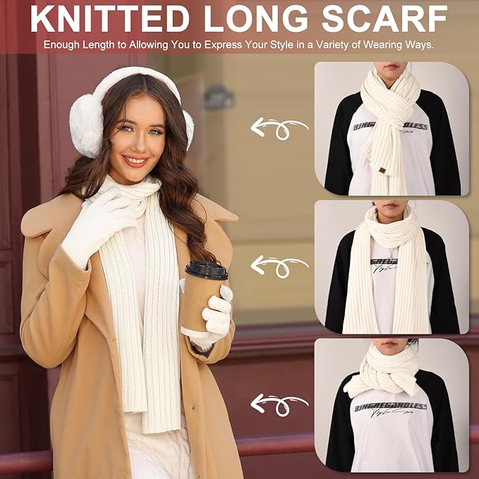 Yusongirl Winter Women Scarf Gloves Beanie Ear Muffs Socks Set Cold Weather Warm Knit Hat Fleece Long Neck Warmer 5 in 1 Set