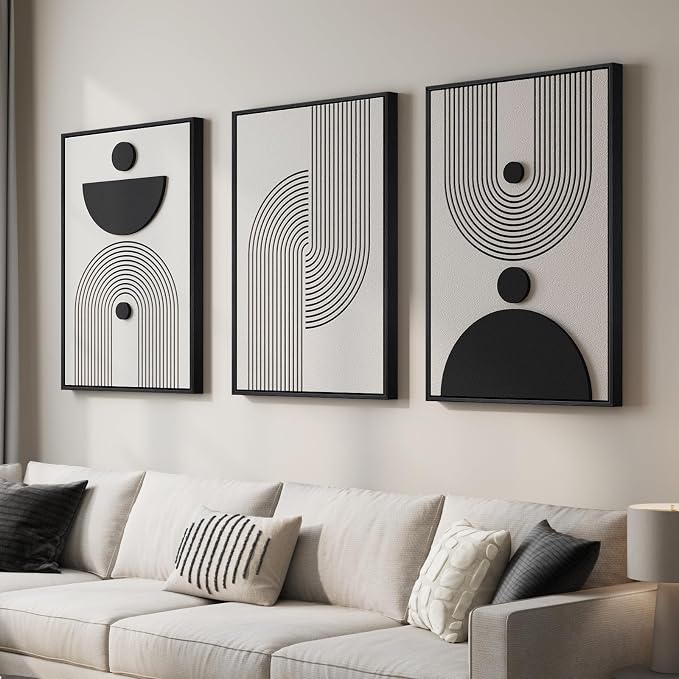 Large 3D Textured Framed Black and White Abstract Wall Art for Living Room, 3 Piece Modern Geometric Paintings, Minimalist Neutral Relief Pictures for Dining Bedroom Hallway Office Wall Decor, 24x36 In