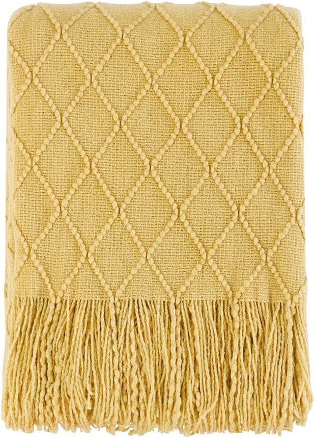 BOURINA Mustard Throw Blanket 60x80 Inch Boho Knit Soft Throw Sofa Blanket | Knitted Throw Blanket 60x80 Inches, Soft Lightweight Boho Weave Throw Decorative Couch Blanket for Living Room Bedroom Chair