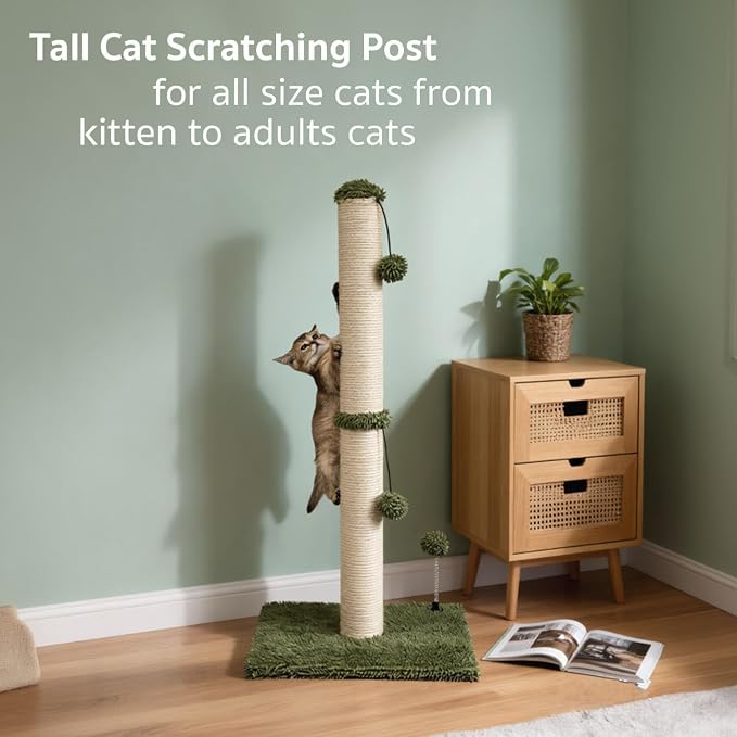 MECOOL 34“ Tall Cat Scratching Post Premium Basics Kitten Scratcher Sisal Scratch Posts Trees with Hanging Ball for Indoor Cats (34 inches for Adult Cats, Cactus Green)