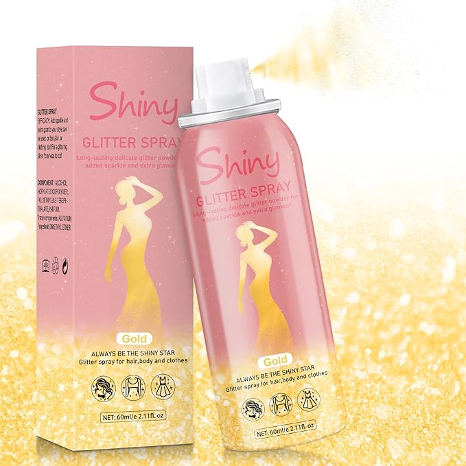 Hair and Body Glitter Spray, Holographic Glitter Highlighter Powder, Hairspray for Clothes, Face Body Shiny Glitter, Loose Shimmer Hairspray Festival Rave Prom Accessories, 2.11 Fl Oz(Gold)
