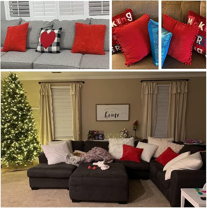 Fancy Homi Pack of 2 Boho Red Decorative Throw Pillow Covers with Pom-poms, Soft Corduroy Solid Square Cushion Cases Set for Couch Sofa Bedroom Car Living Room (20x20 Inch/50x50 cm, Christmas Red)