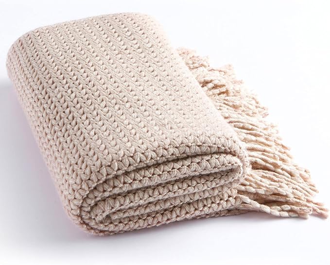 Blagic Wheat Textured Throw Blanket for Couch,Light Pink & White,50"x60" | Soft Farmhouse Boho Throw Blanket with Tassels,Decorative for Living Room,Gifts for Adults,All Season Use