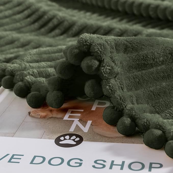 DISSA Fleece Blanket Twin Size – 60x80, Olive Green – Soft, Plush, Fluffy, Fuzzy, Warm, Cozy – Perfect Throw for Couch, Bed, Sofa - with Pompom Fringe - Flannel Blanket Throw Blanket