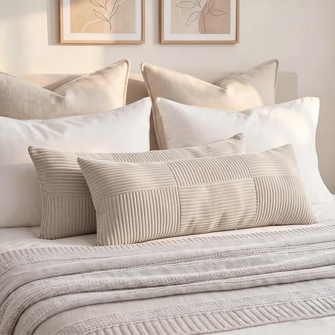 Fancy Homi Set of 1 Neutral Taupe Boho Long Lumbar Body Decorative Throw Pillow Cover 14x36 Inch for Bed Couch Bedroom Bench, Soft Patchwork Corduroy Textured Pillow Case, Farmhouse Room Decor