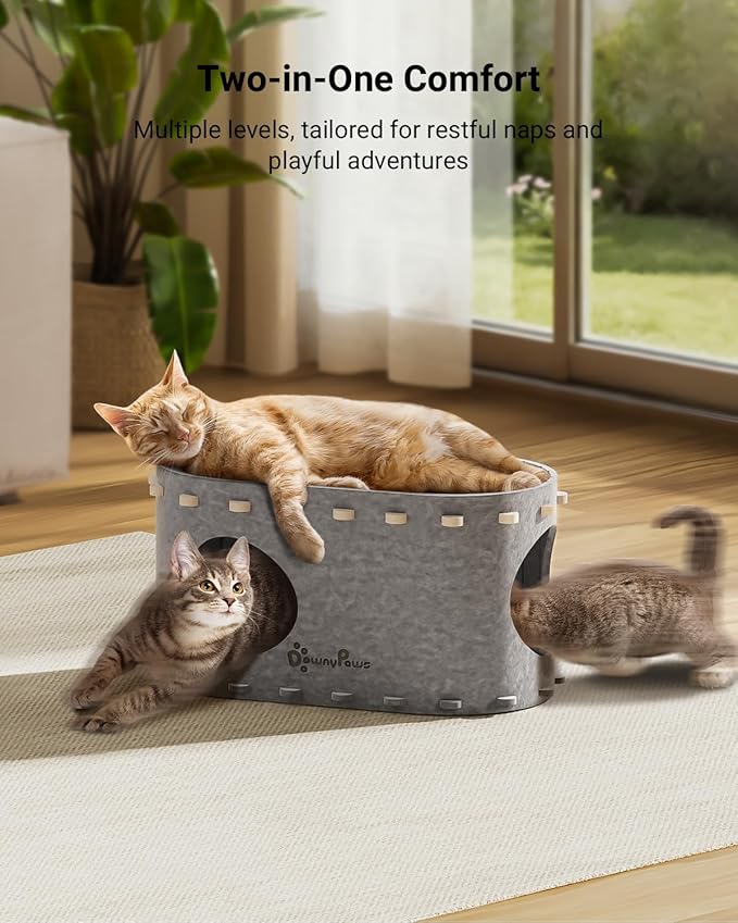 DownyPaws Cat House for Indoor Cats,Peekaboo Cat Bed Cave, Light Gray | Cat Hideaway Enclosed Bed,Cave Hideout Fort,Kitten Cube Castle Hut Tunnel for Cats,Hide Box Bed for Large Cat Up to 22 Lbs