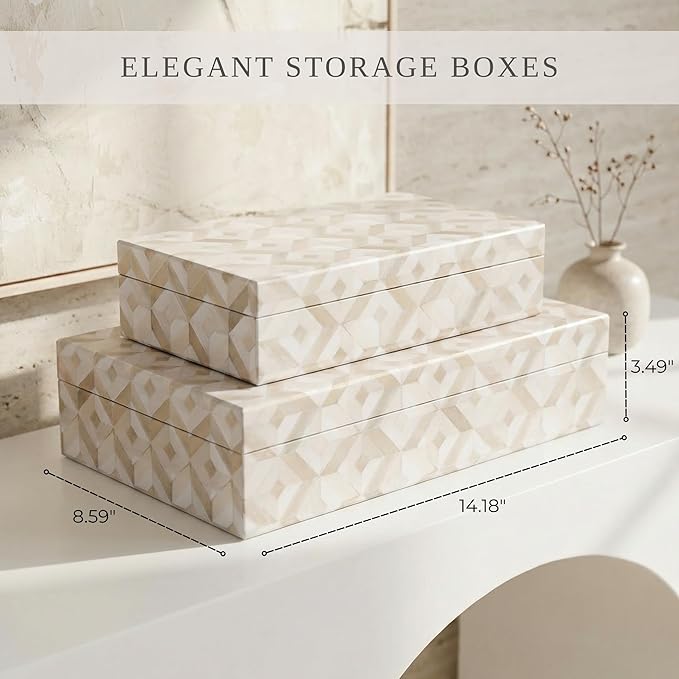 Decorative Storage Boxes with Lids - Set of 2 Organizer Bins for Bookshelf | Beautiful Home Decor - Safely Store Photos, Documents and Memory Box Keepsakes on Your Shelves in Style