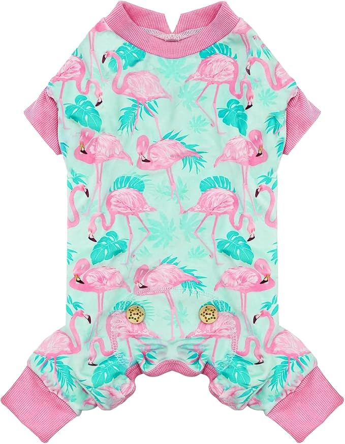 KYEESE Velvet Dog Pajamas for Small Dogs Soft Onesie Shirt, Flamingo | 4-Way Stretch, Lightweight & Breathable, Reduces Shedding, Gentle on Sensitive Skin, Recovery Support, Easy Potty Breaks