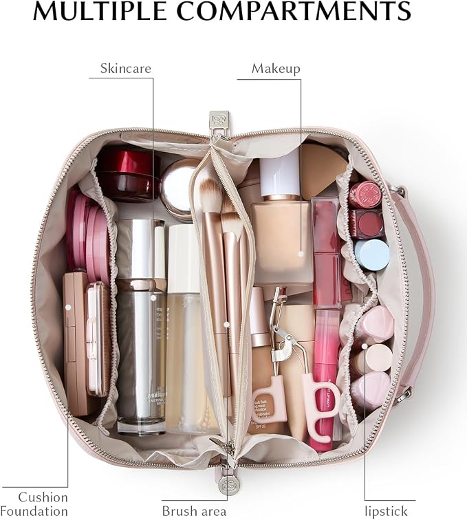 EACHY Travel Makeup Bag, Large Capacity Cosmetic Bag for Women, Waterproof PU Leather, Flat Open Portable Toiletry Bag for Skincare, Brushes & Travel Essentials