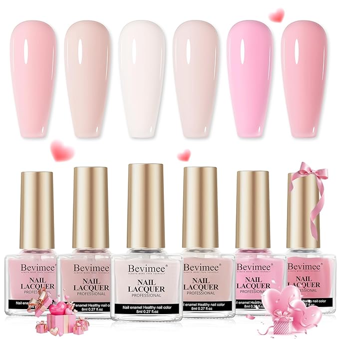 Nude Nail Polish Set: Quick Dry Pink Nail Lacquer Non Gel Regular Sheer Colors White Light Pink Natural Fingerpolish Fast Drying DIY Gift for Women, 6 Colors 8lm/0.27fl.oz