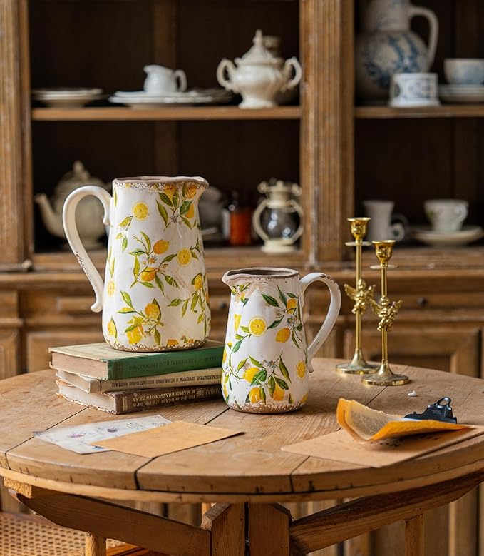 Vintage Lemon Ceramic Vase with Handle, Retro Ice Glazed Crack Farmhouse Pitcher Vase for Home Decor, Living Room, Shelf, Office, Rustic Table Centerpiece 9 Inch