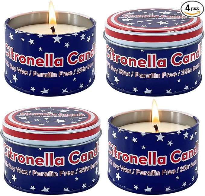 American Flag tin Candle Set of 4 (4oz Each) – Long-Lasting Outdoor Citronella Candles for July 4th Independence Day – Fresh Invigorating Fragrance to Enhance Ambiance