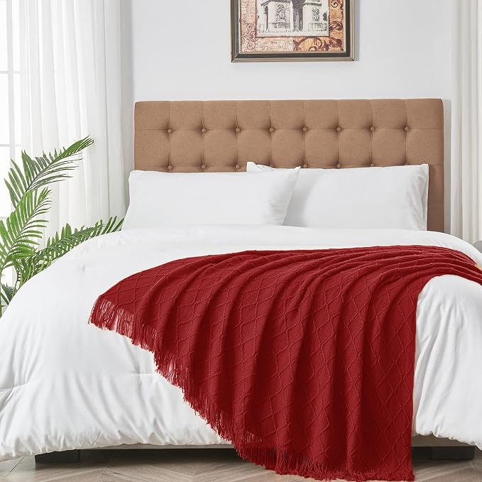 inhand Pomegranate Red Knitted Throw Blanket for Couch and Bed, 50"x60" | Gifts for Mom from Daughter Son, Soft Lightweight with Tassel, Farmhouse Warm Decorative Blanket for Women, Cozy Knit