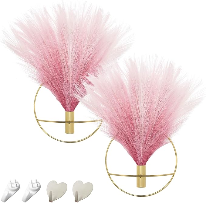 Pretty Jolly Boho Pampas Wall Decor Gold Metal Wall-Mounted Art | Morden Artificial Greenery Display，2 Pack Pink Hanging Planter For Living Room, Bedroom, Bathroom, Dining room