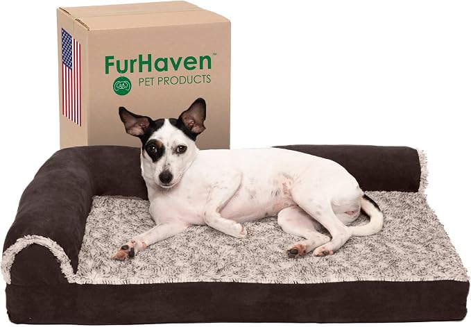 Furhaven Memory Foam Dog Bed for Medium/Small Dogs w/ Removable Bolsters & Washable Cover, For Dogs Up to 35 lbs - Two-Tone Plush Faux Fur & Suede L Shaped Chaise - Espresso, Medium