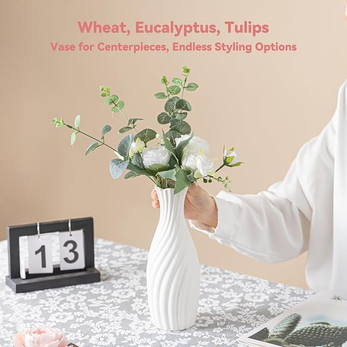 White Ceramic Vase with Swirl Texture - 10" Unique Flower Vase for Pampas Grass & Centerpieces, Decorative Boho/Farmhouse Vase for Living Room, Office Desk & Housewarming Gift (for Her/Yourself)